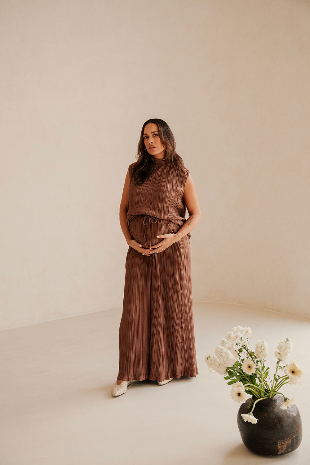 Brown Silky Pleat Turtleneck Catalyna Top