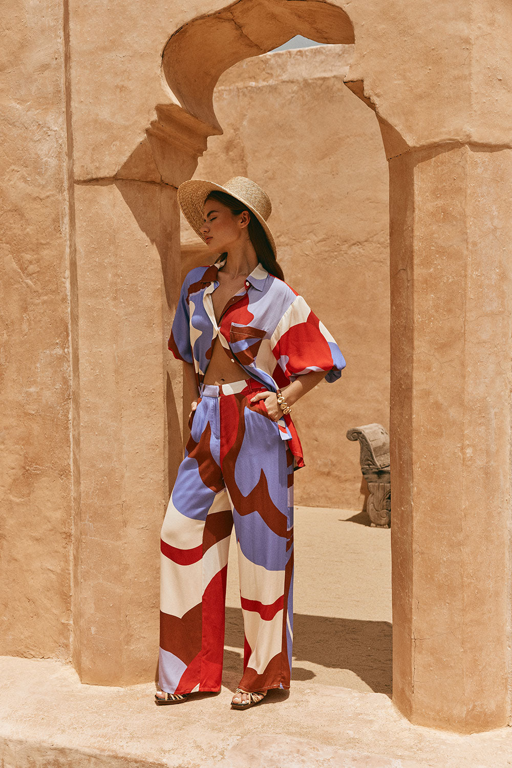 Valley Red Print Button Up Short Sleeve Dia Top – SABO