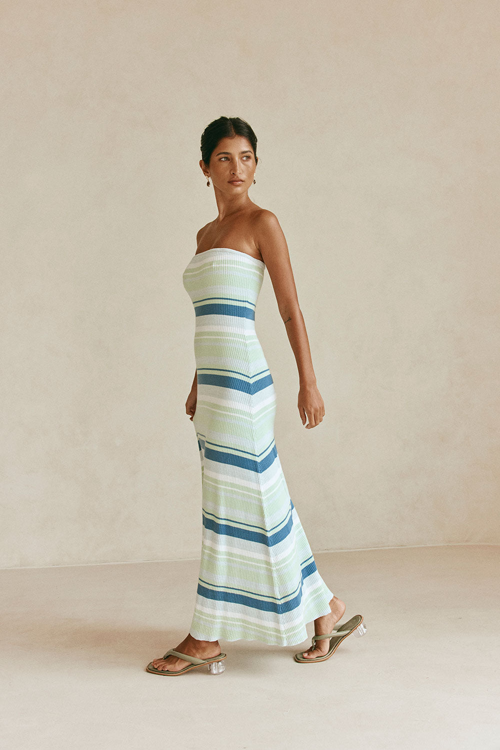 Green and White Stripe Strapless Maxi Anya Dress