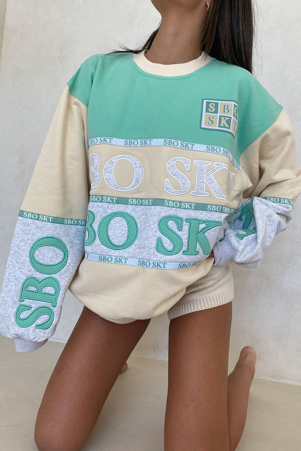 Janiero Vintage Oversized Sweater - Fleece Green, Grey, Cream