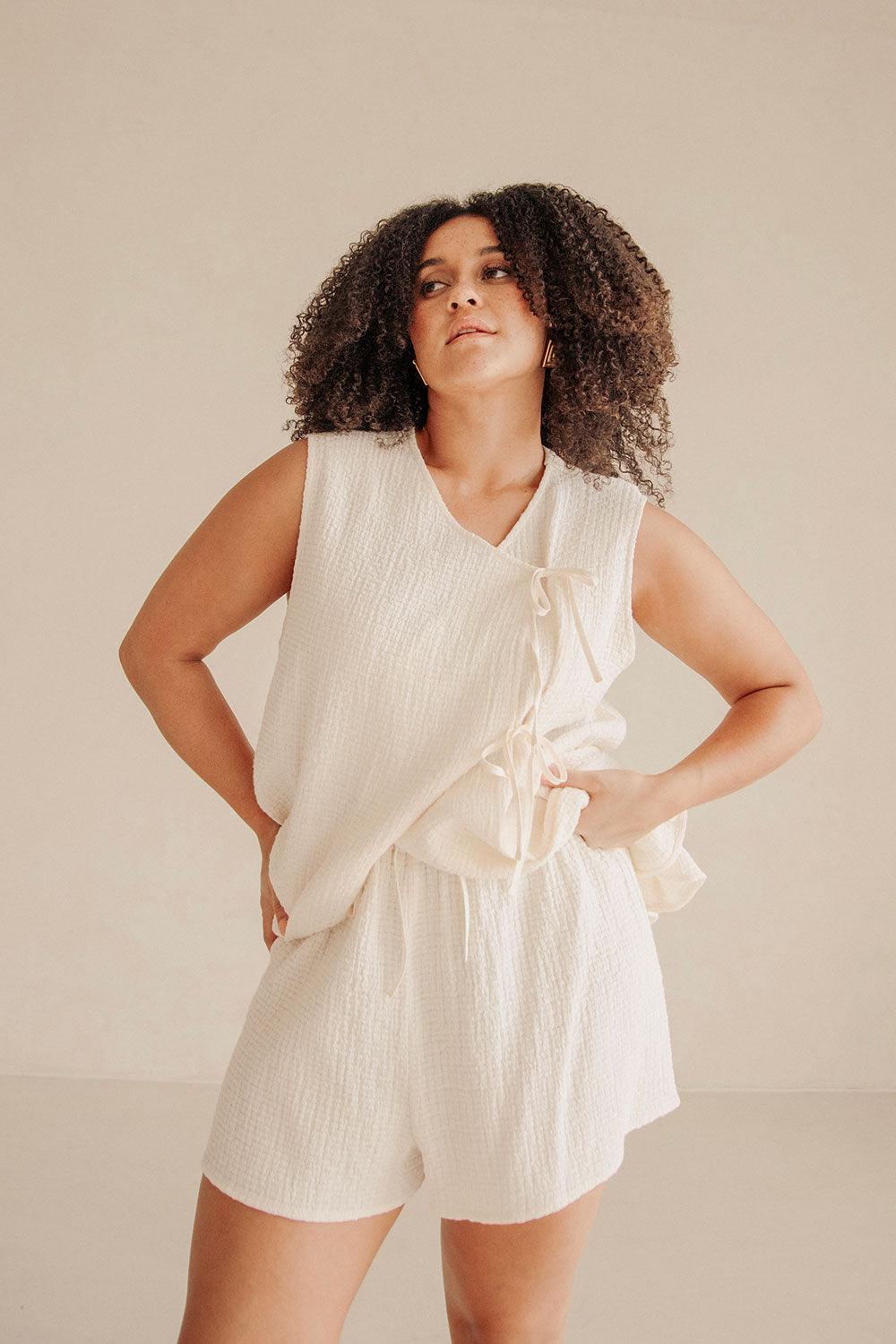 Cream High Waist Elastic Drawstring Ciel Shorts