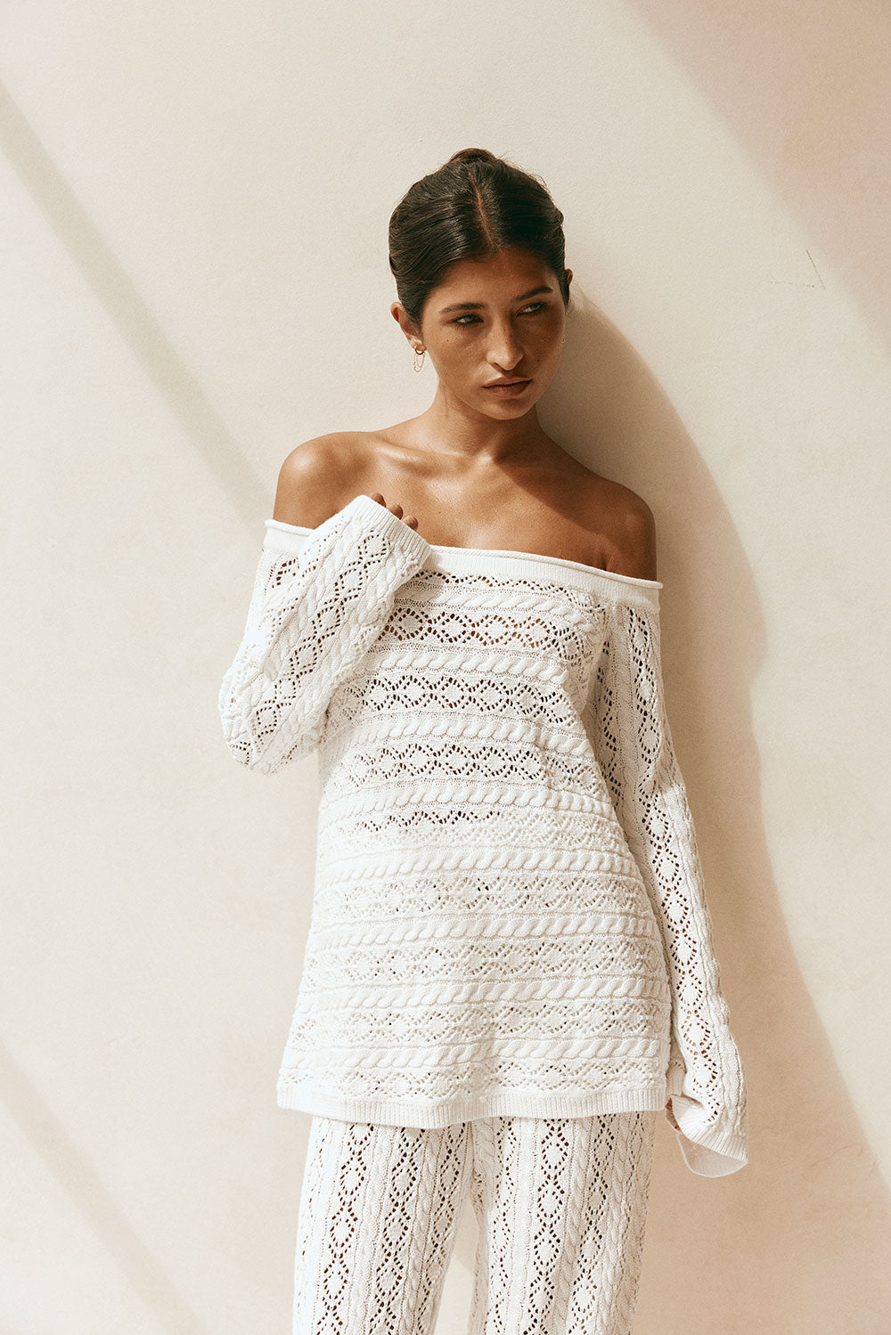 Cierra Off Shoulder Long Sleeve Top - White Knit