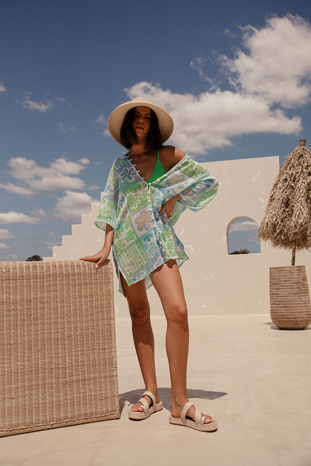 Izzy Short Sleeve Button Up Mini Dress - Verano Floral, Postcard, Blue, Green, White, Yellow