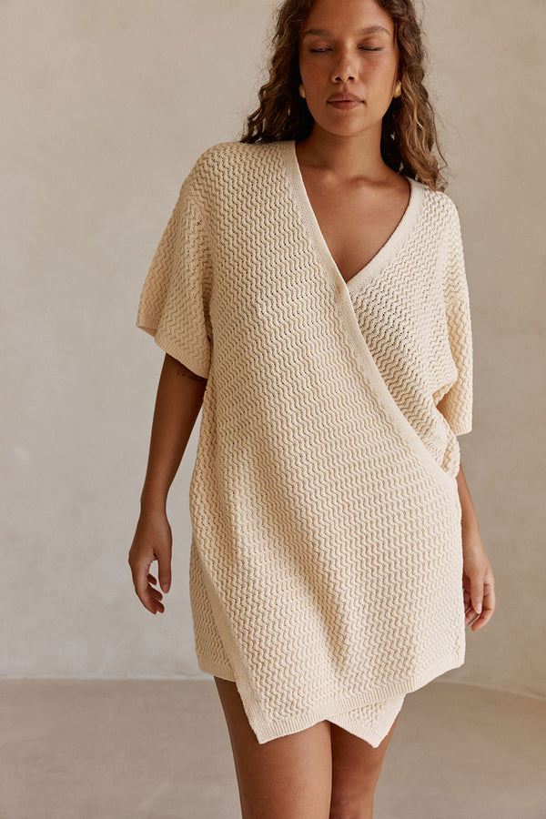 Cream Knit Wrap Mini Kyoto Dress