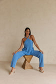Blue Ribbed Knit Halter May Top