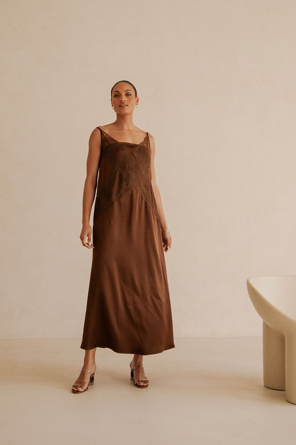 Brown Silky Lace Thin Strap Maxi Aelin Dress