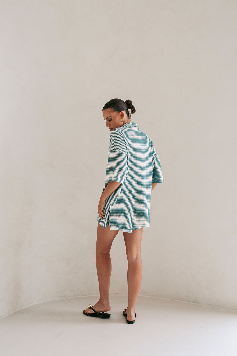 Mallory Button Up Top - Green Stripe
