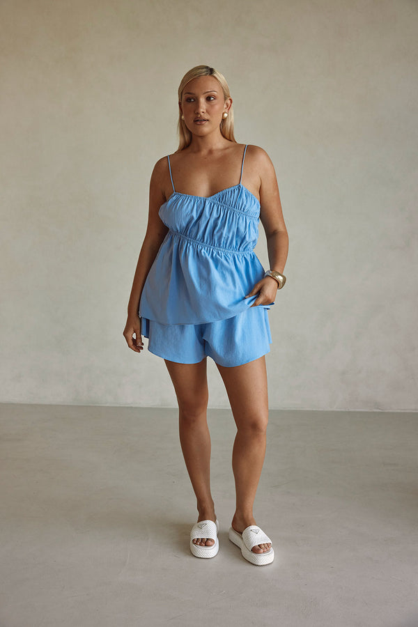 Blue Thin Strap Ruched Detail Octavia Top