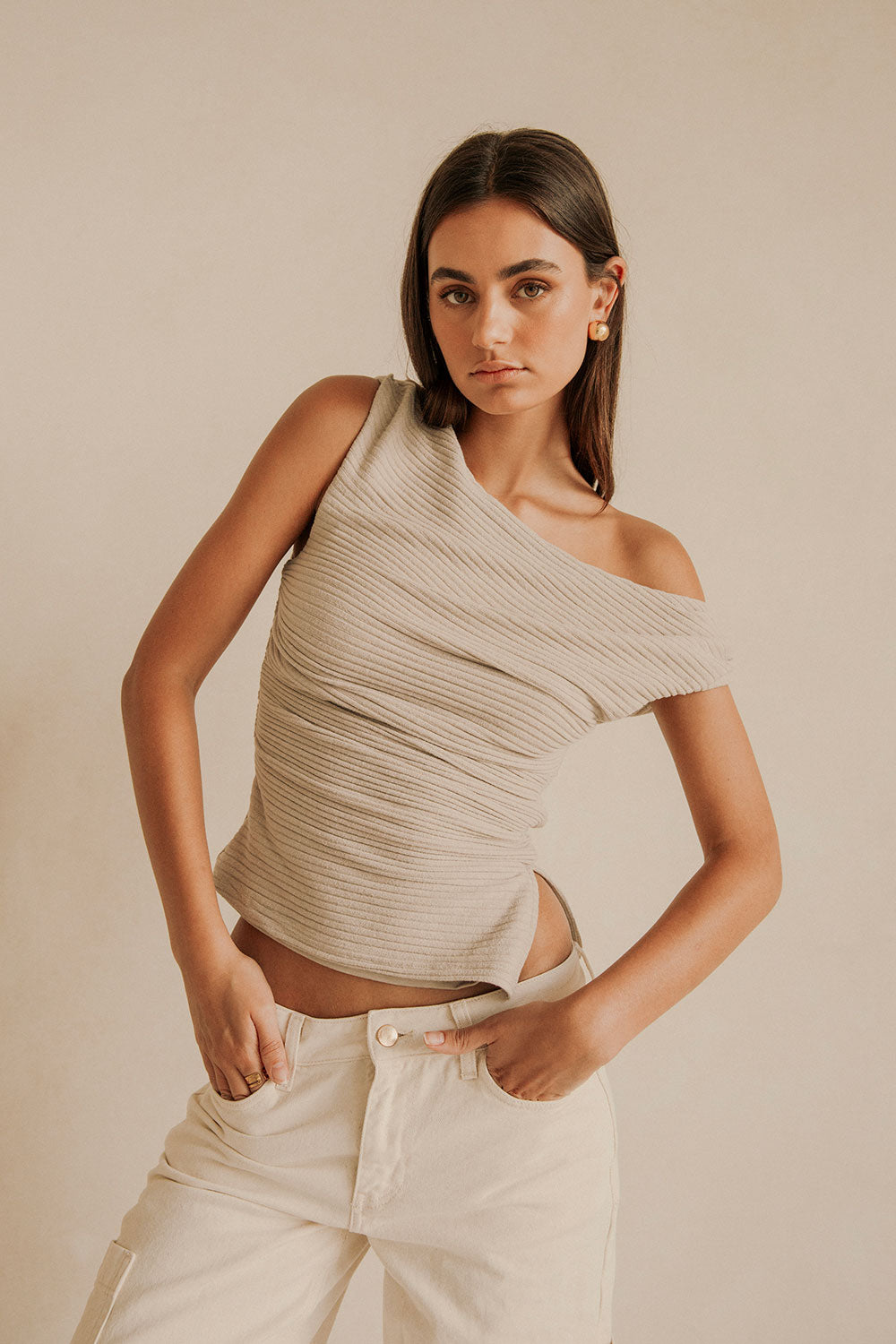 Grey Ribbed Asymmetric Ruched Deni Top