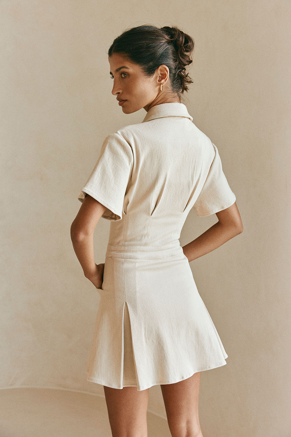 Tan Short sleeve Button Up Collar Mini Dela Dress