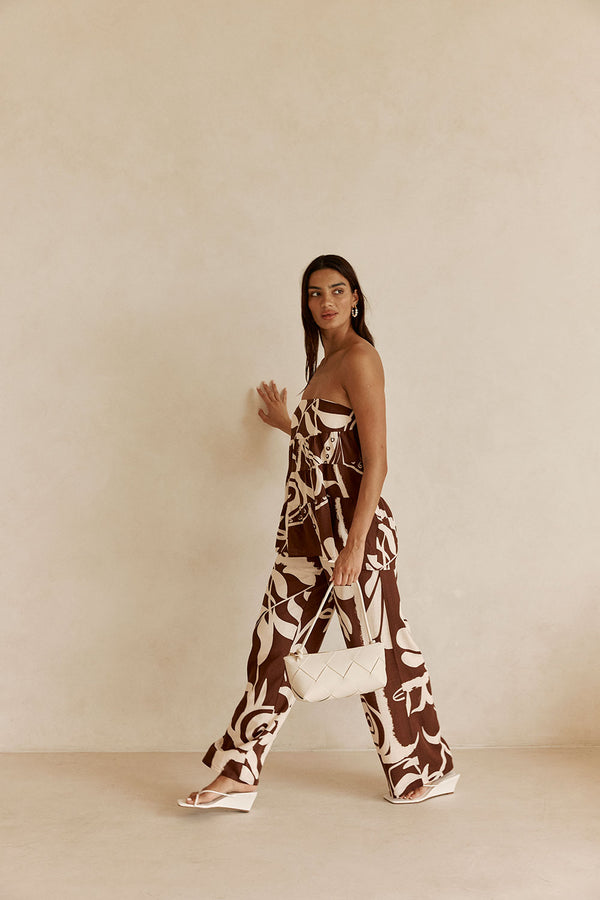 Brown and Cream Painted Tiles Print Presley Pants