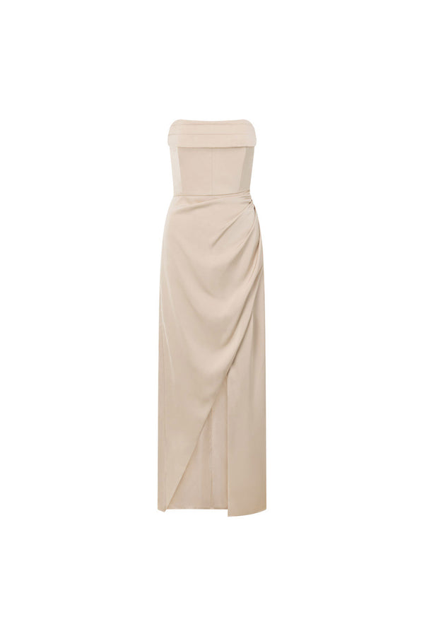 Champagne Strapless Ruched Midi Pela Midi Dress