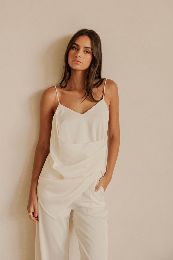 Ivory Strappy Plunge V Neck Asymmetric Zarah Top