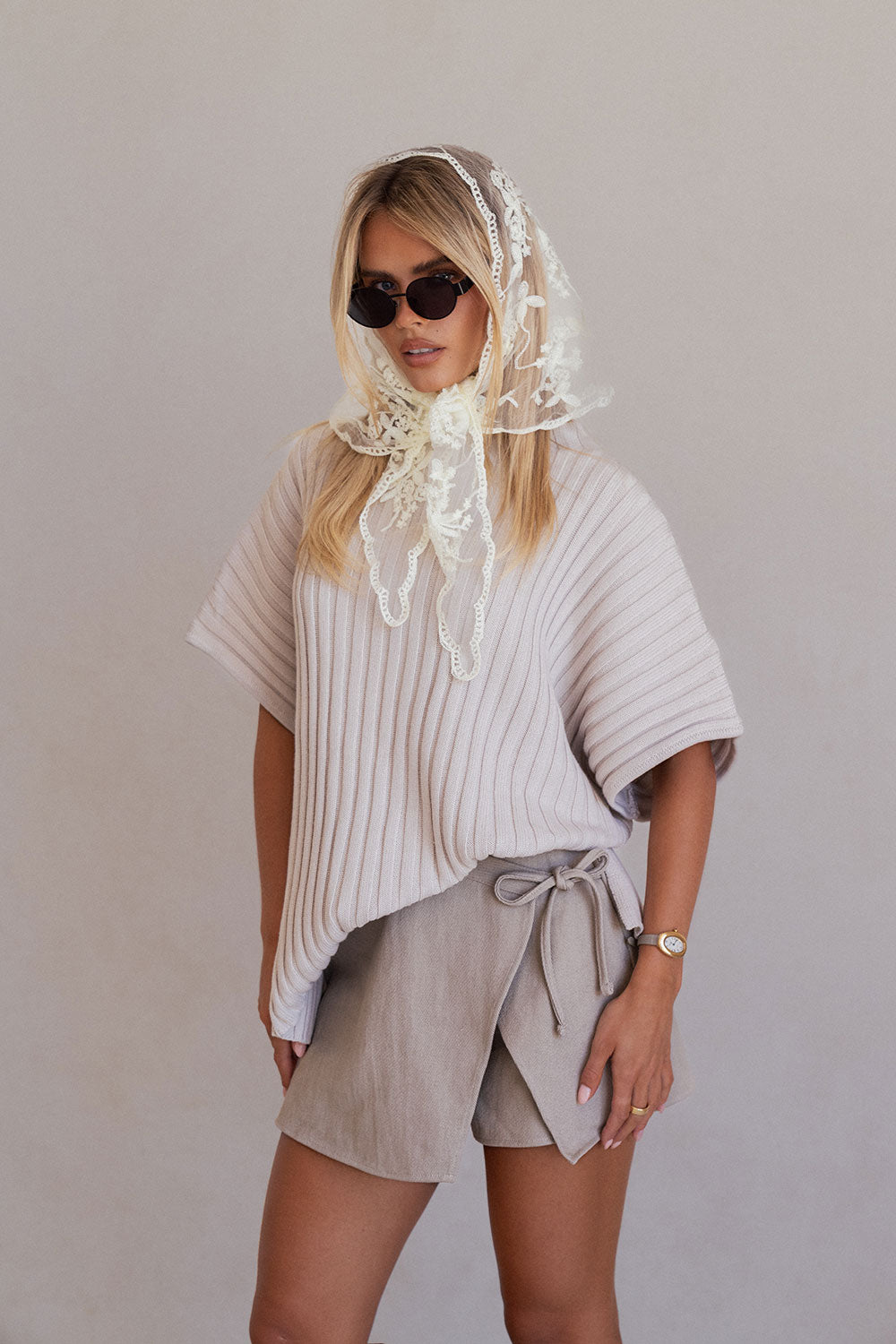 Grey Linen Blend High Waist Wrap Mini Rocio Skort