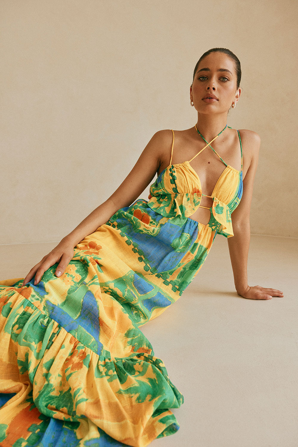 Leigh Cutout Maxi Dress - Green, Blue & Orange Morning Yellow Print