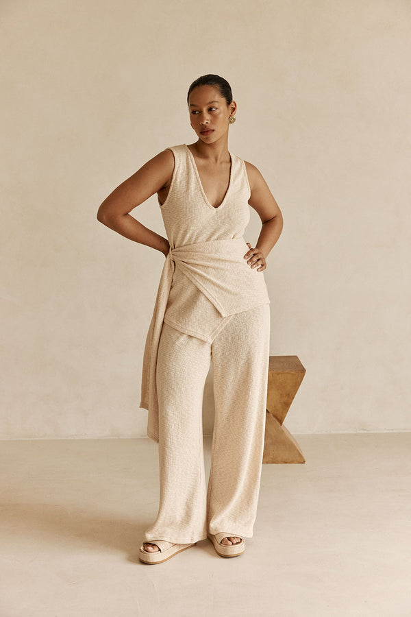 Beige Ribbed High Waist Liora Pants