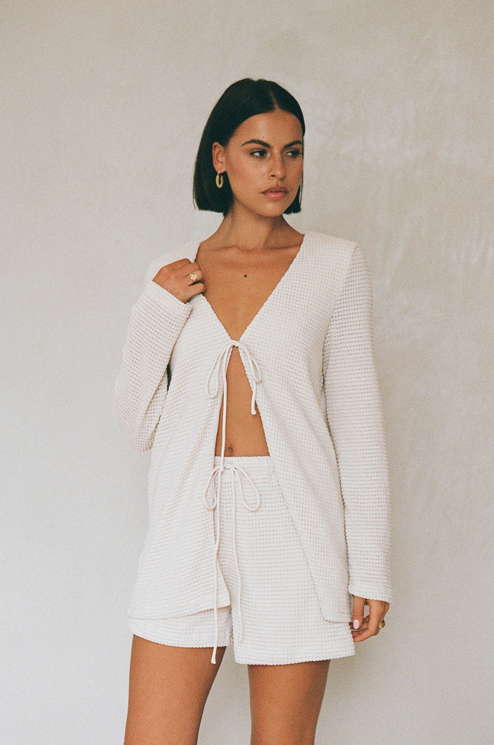 Beige High Waist Drawstring Emel Waffle Shorts