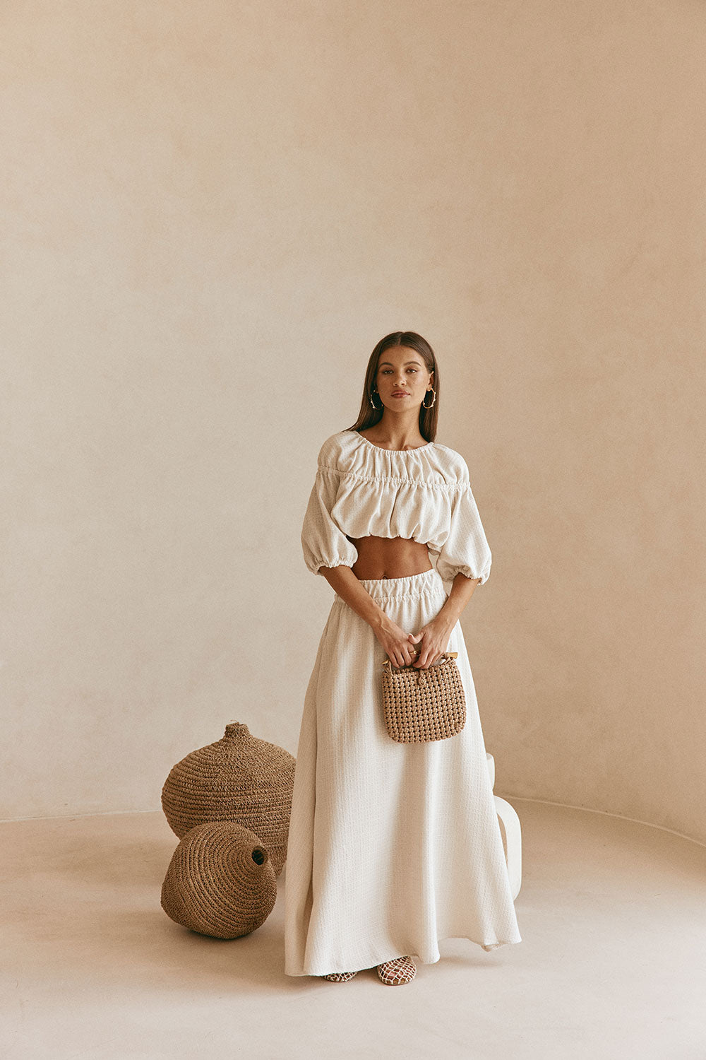 Beige Ruched Puff Sleeve Astra Crop Top