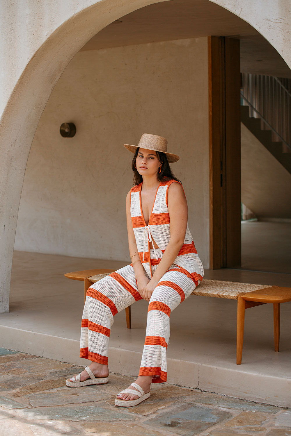 Nantes Elasticated Stripe Pants - Cream, Orange 