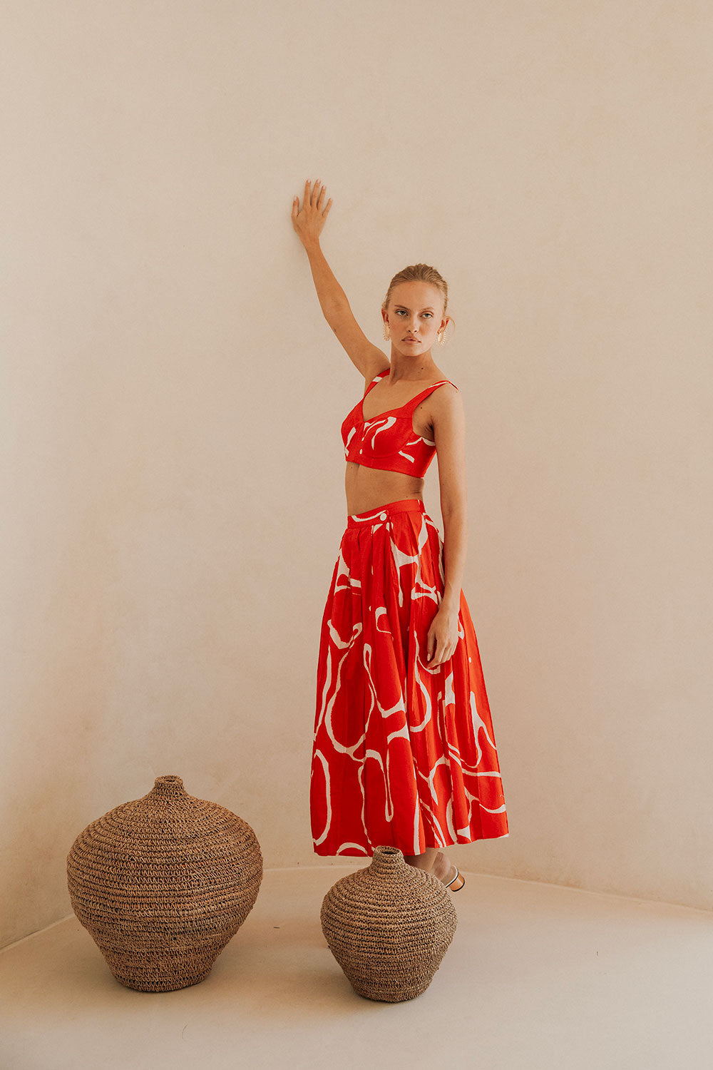 Evoke Red Wrap Pleated Split Midi Dien Wrap Skirt