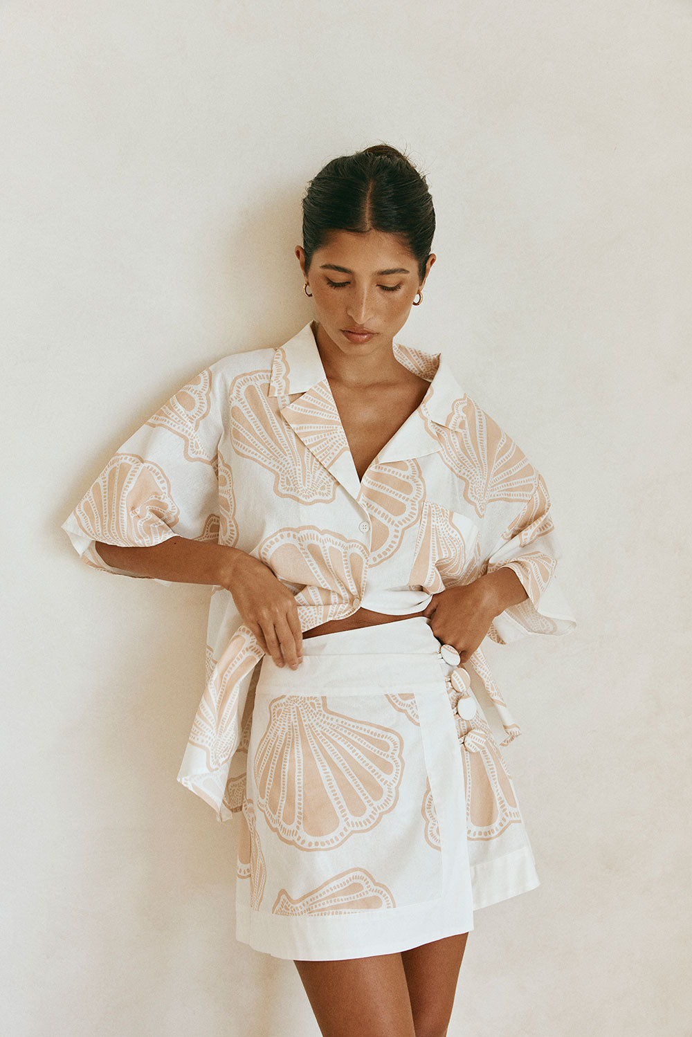 Celestia Mini Button Skirt - White, Pink Coastal Shell Print