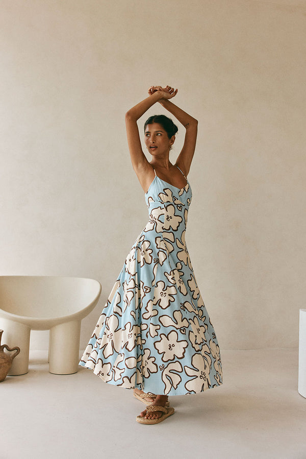 Blue Floral Adjustable Strappy Maxi Seme Dress
