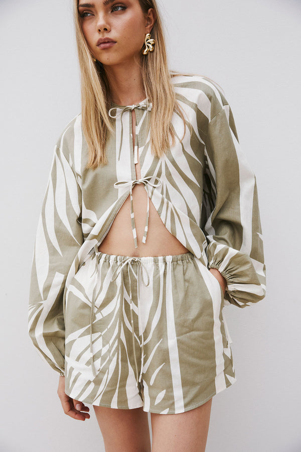 Palm Green Elastic Drawstring Berkley Shorts