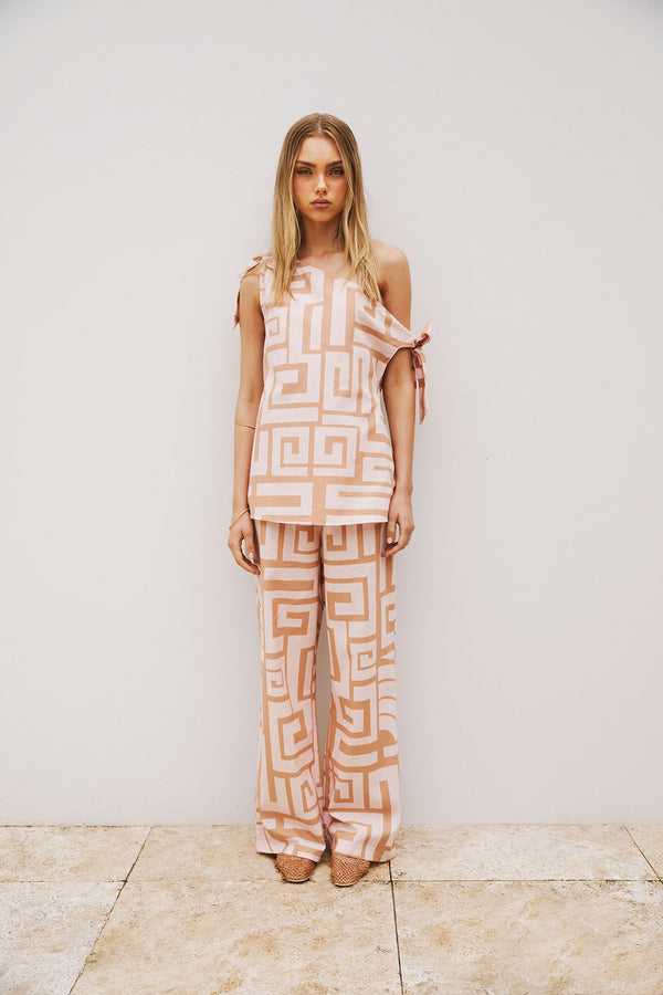 Pink Hellenic Maze One-Shoulder Tie Kahli Top