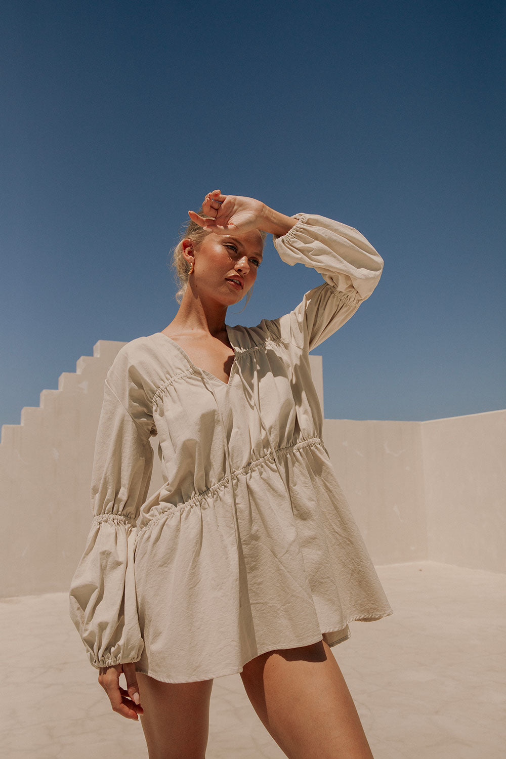 Ava Flounce Long Sleeve Mini Tie Dress - Beige