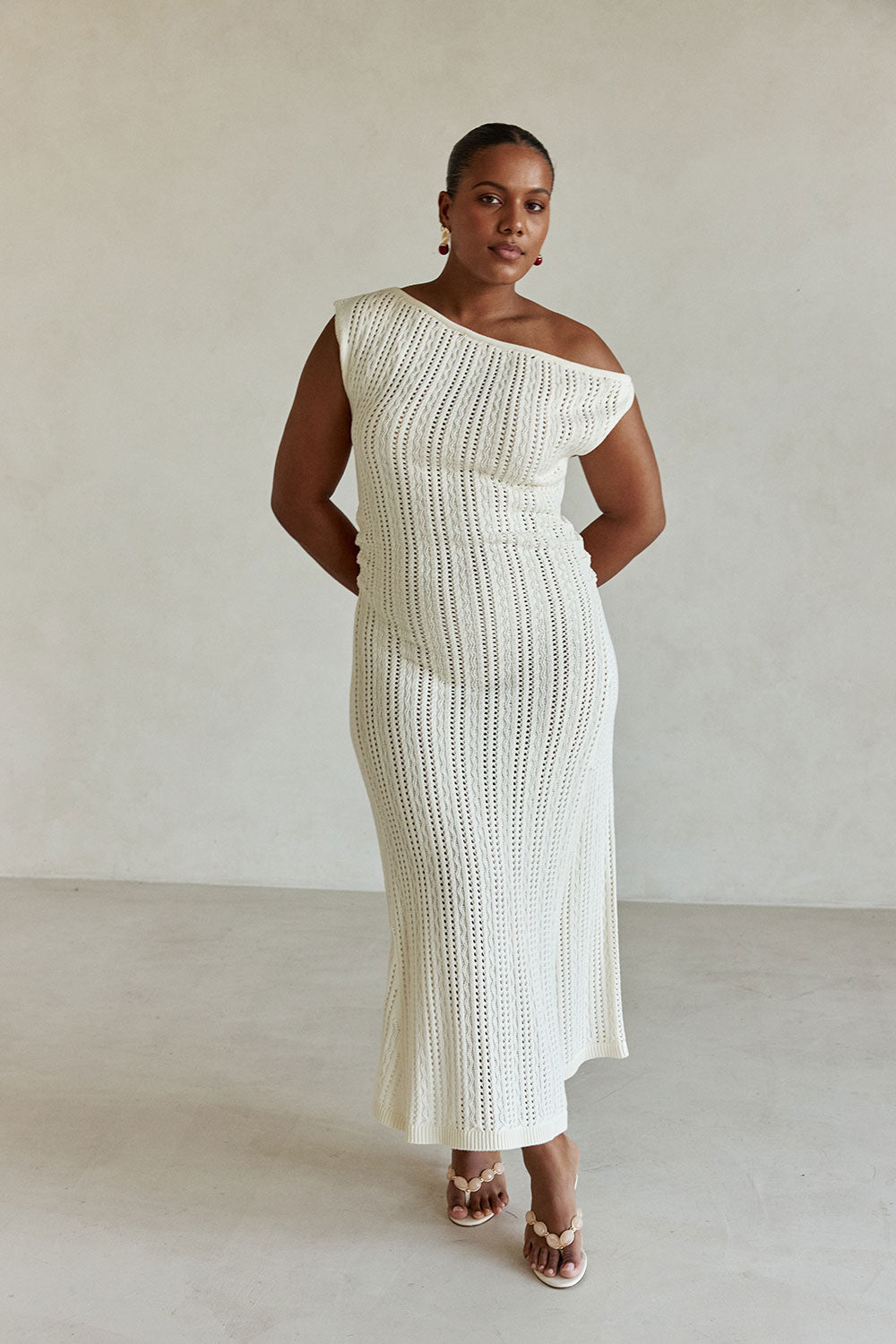 cream knit amanyara maxi dress Soleil Knit And Mesh Halter Maxi Dress / Cream | MESHKI