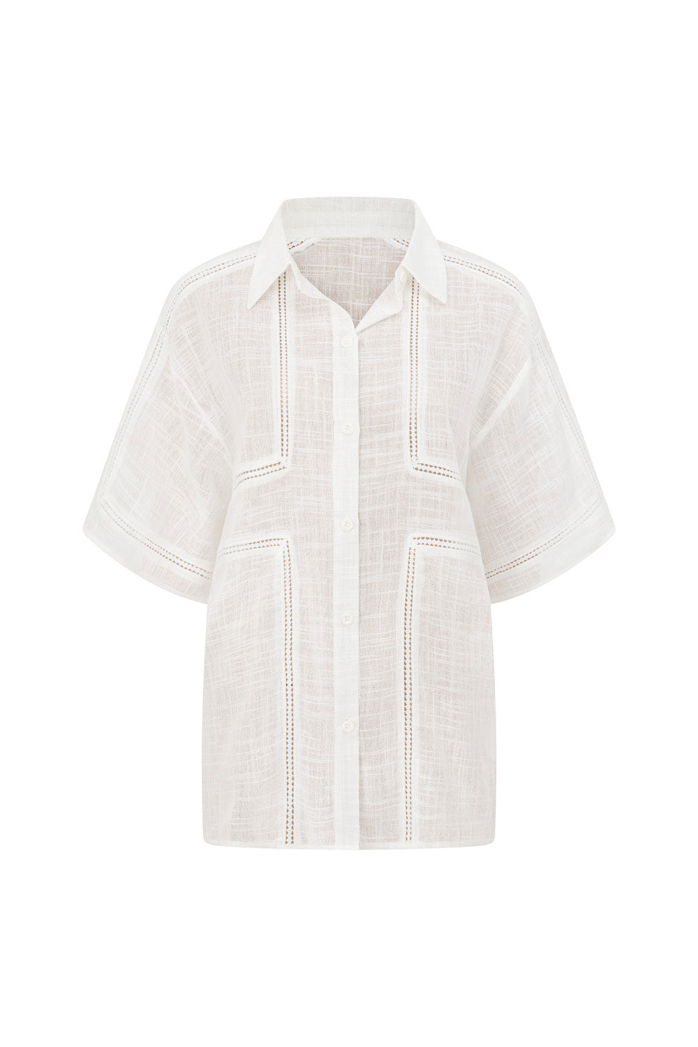 White Cheesecloth Short Sleeve Button Up Banks Top