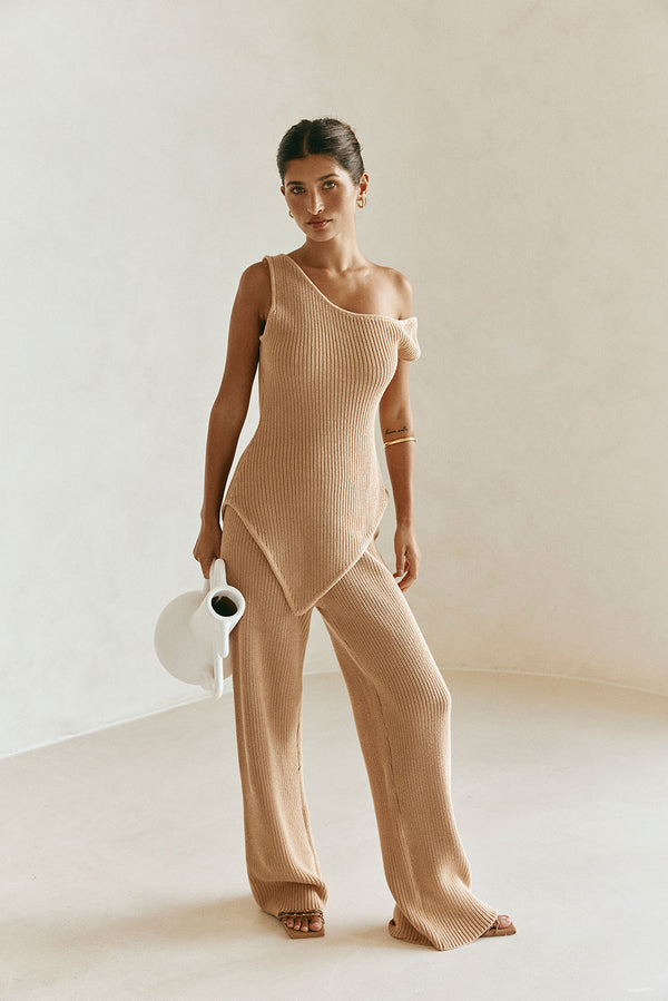 Tan Knit High Waist Elastic Sienna Pants