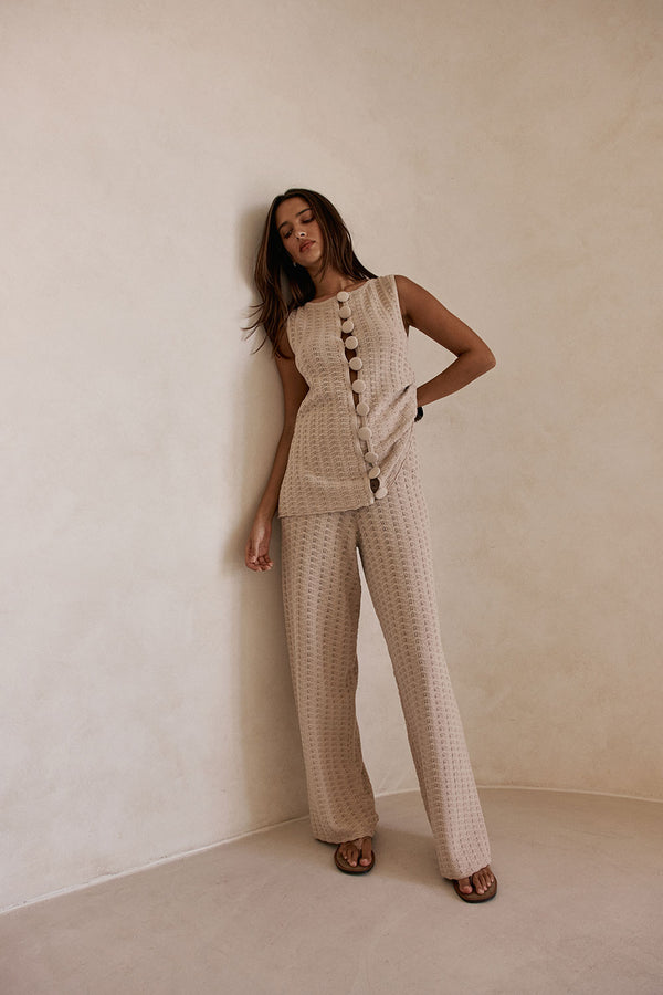 Beige Cotton Knit Button Up Lilah Top