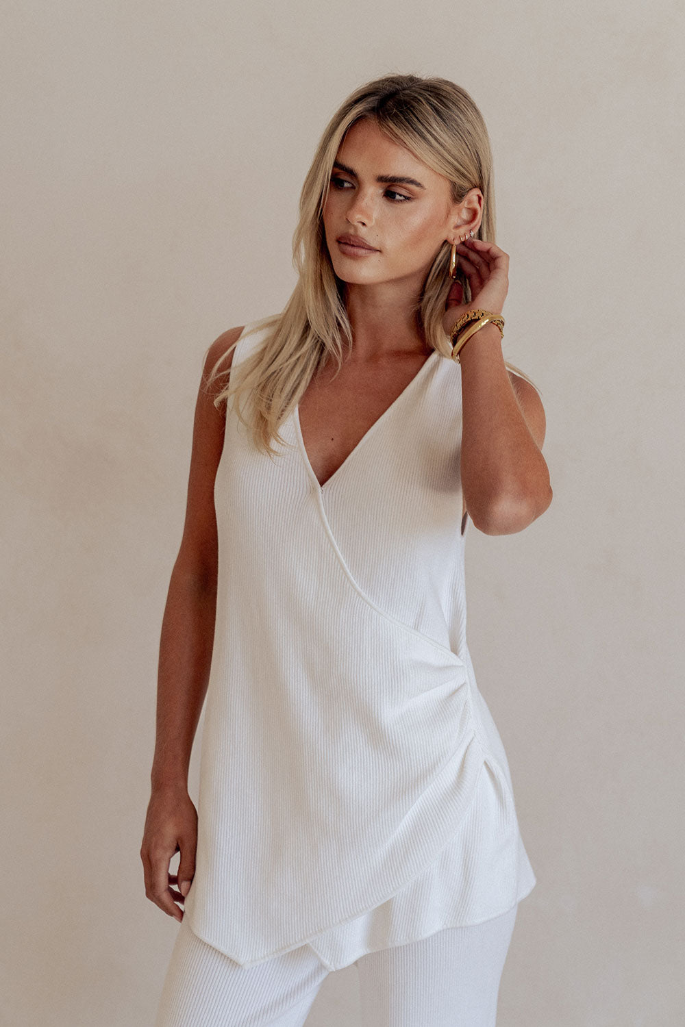 White Asymmetric V Neck Wrap Teah Top