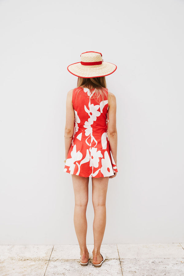 Red Sweet Caroline White Floral Side Tie Mini Mariana Dress