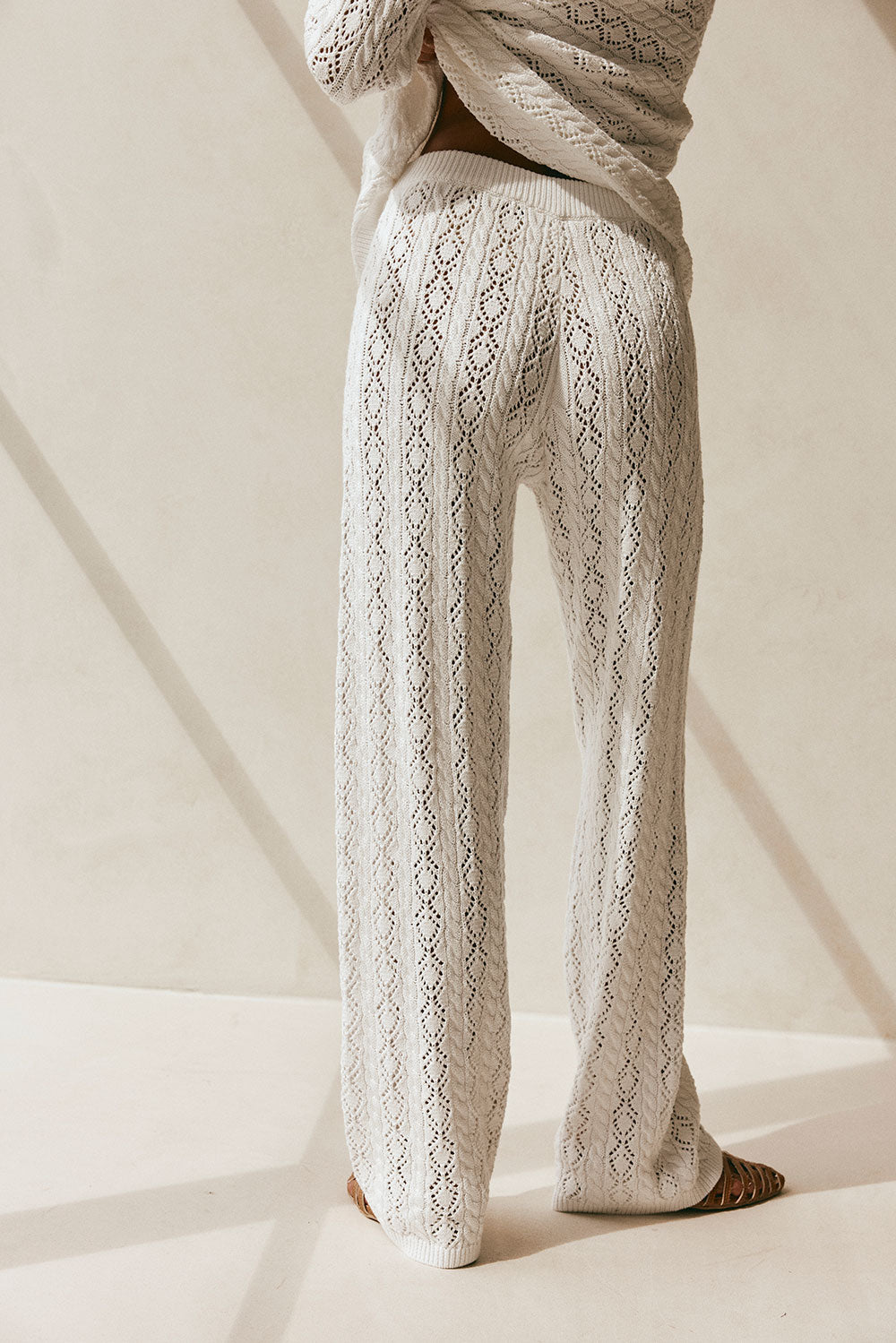 White Crochet Knit High Waist Elastic Cierra Pants