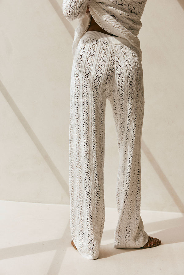 White Crochet Knit High Waist Elastic Cierra Pants