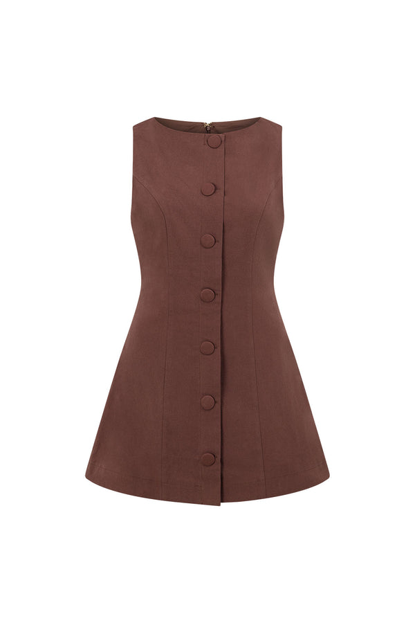 Chocolate Brown Button Flared Mini Graylee Dress