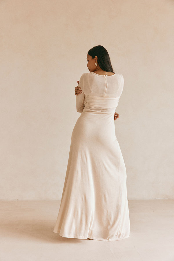 Beige Long Sleeve Slit Maxi Kay Dress 