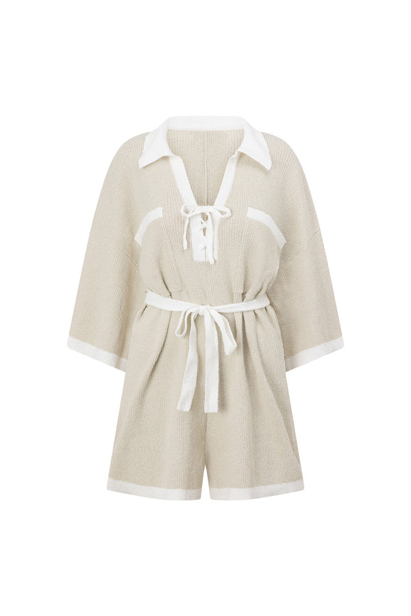Taupe Grey Collared V Neck Tie Sammi Playsuit