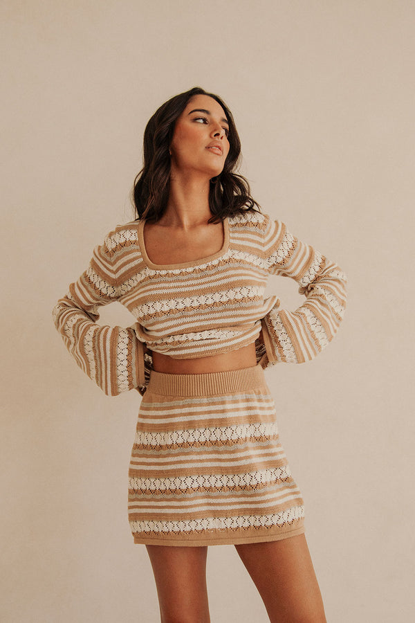 Brown Striped Knit High Waist Mini Alaiya Skirt