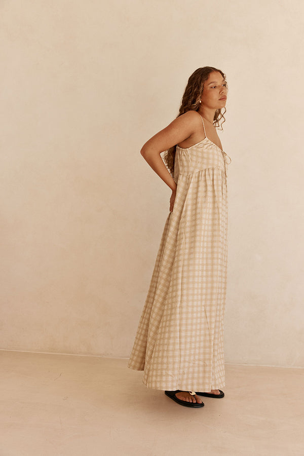 Khaki Gingham Strappy Maxi Lissa Dress