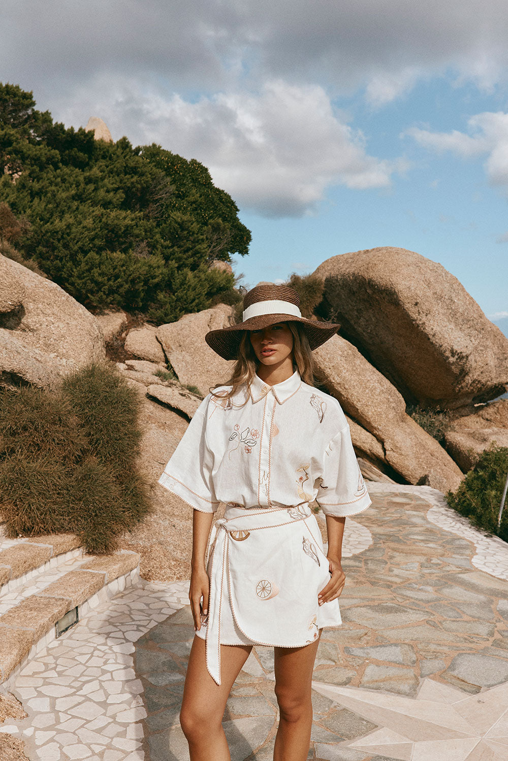 La Costa Embroidered Wrap Mini Skirt - Serenita, White, Beige, Pink