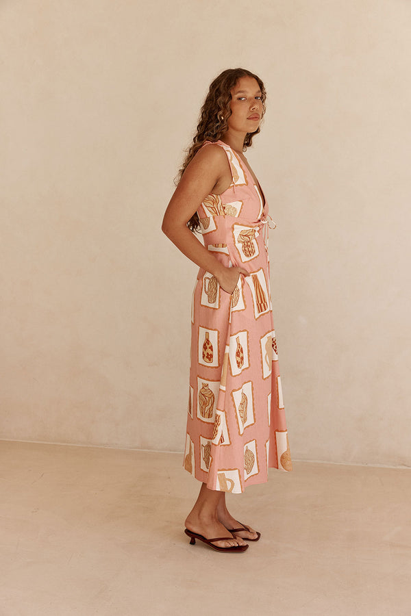 Pink Florero Print V Neck Midi Mira Dress