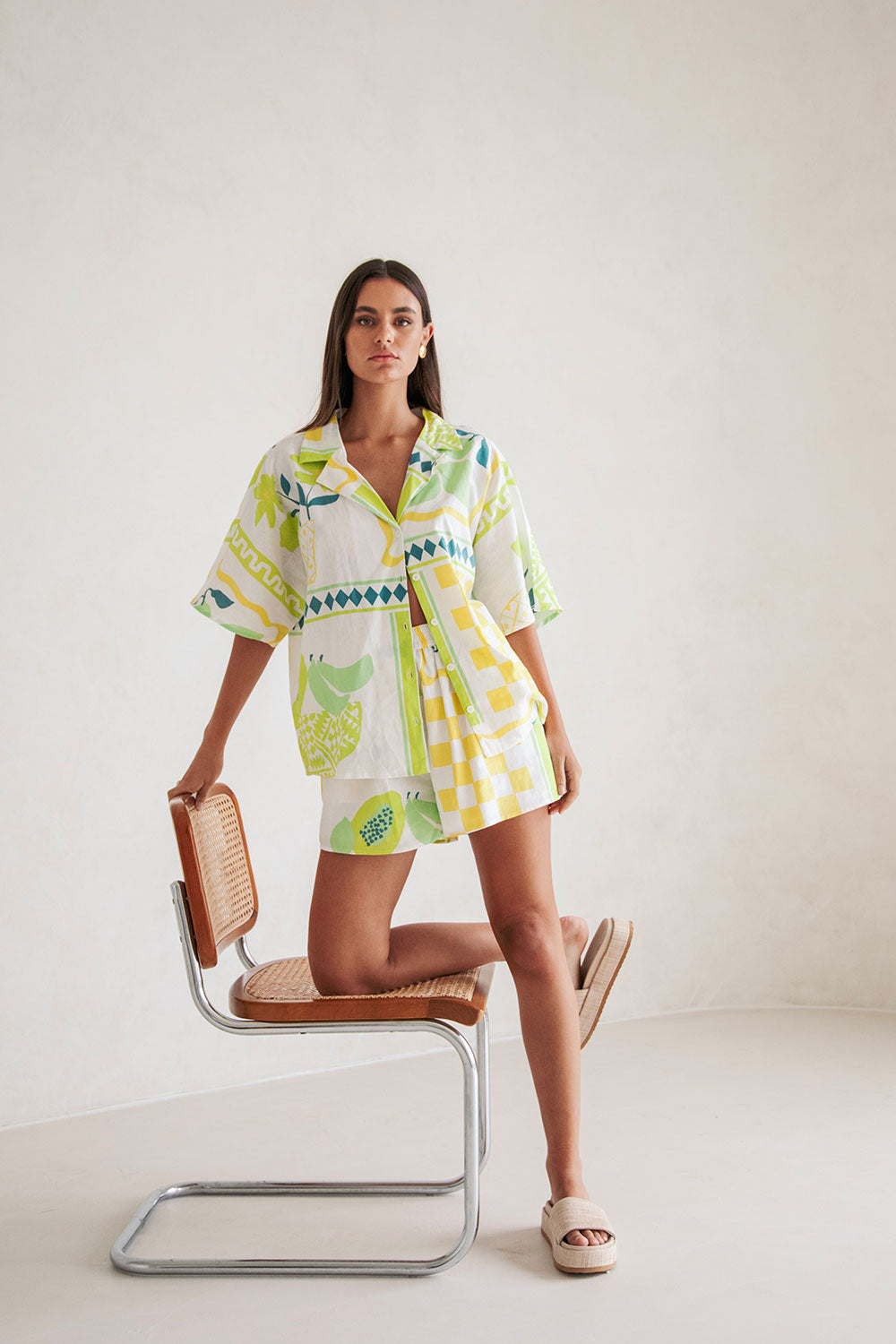 White Prego Verde Print Button Up Collar Seona Top