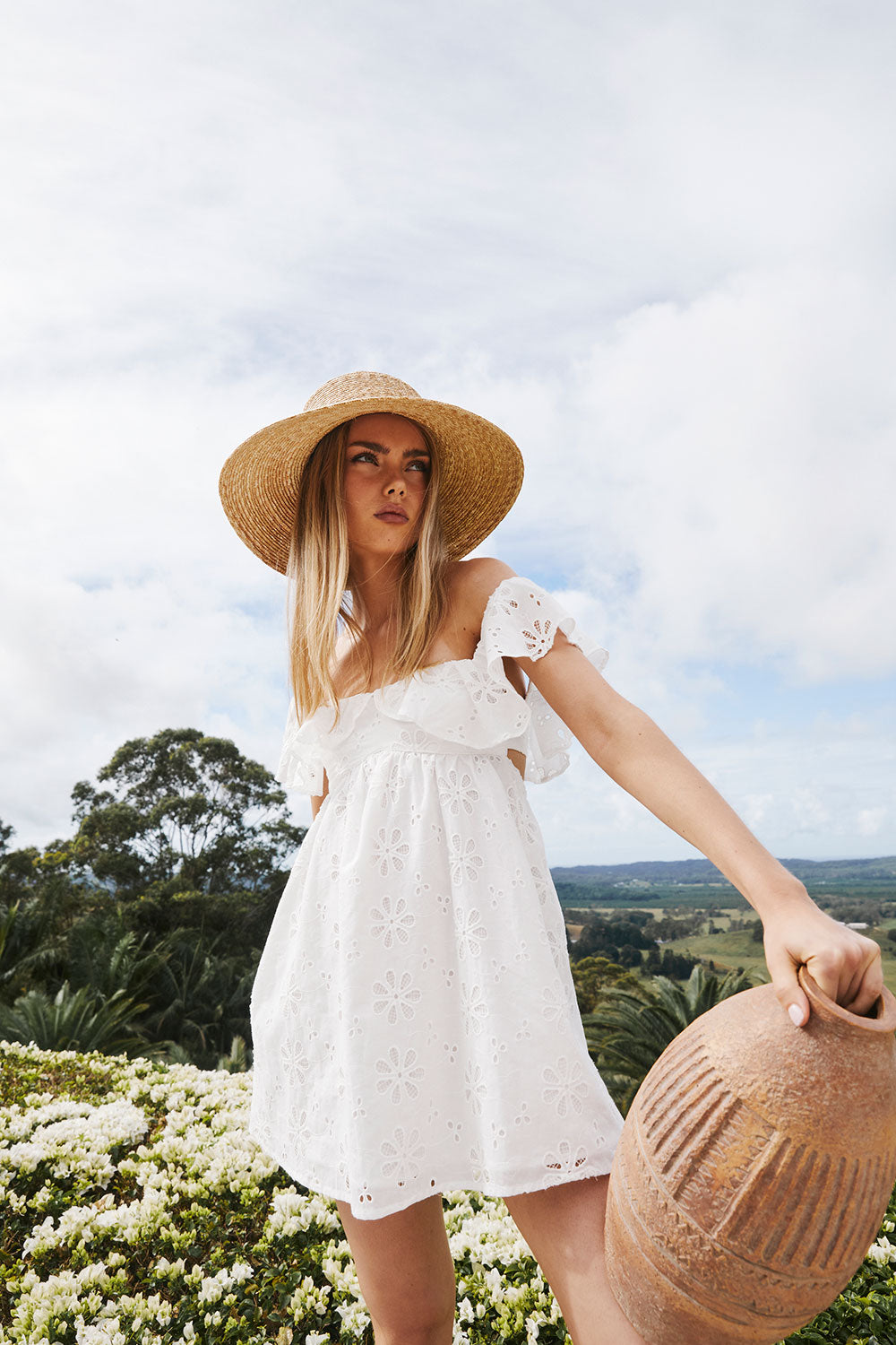 Bridal White Broderie Off Shoulder Mini Laora Dress