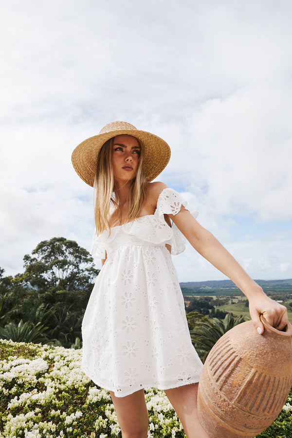 Bridal White Broderie Off Shoulder Mini Laora Dress