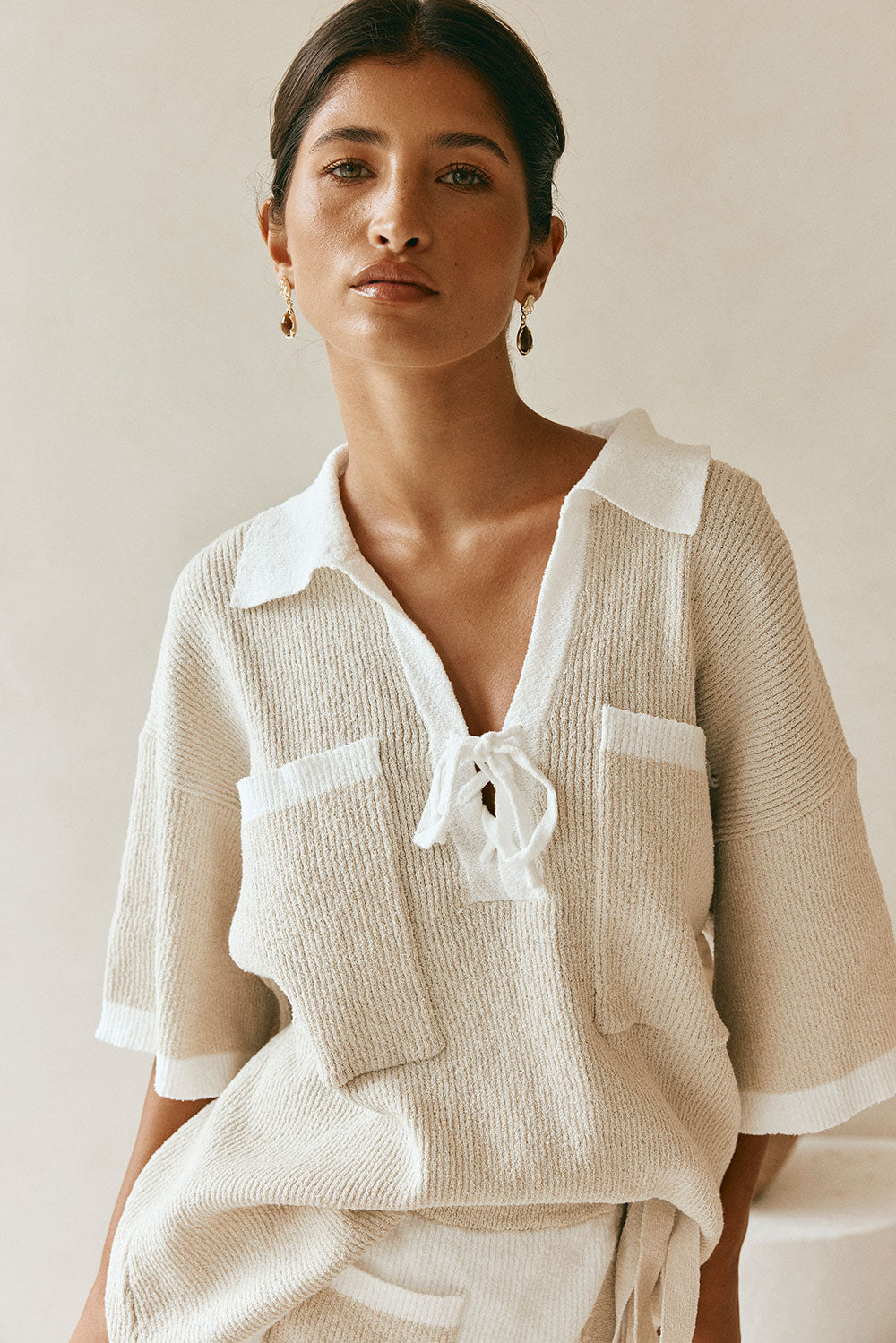 Beige Short sleeve Collar Tie Jess Top