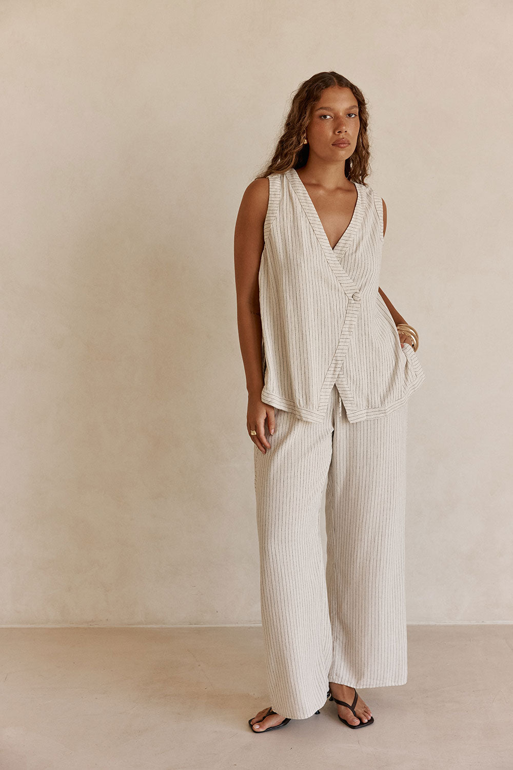 Cream and Black Pinstripe Wrap Capri Top