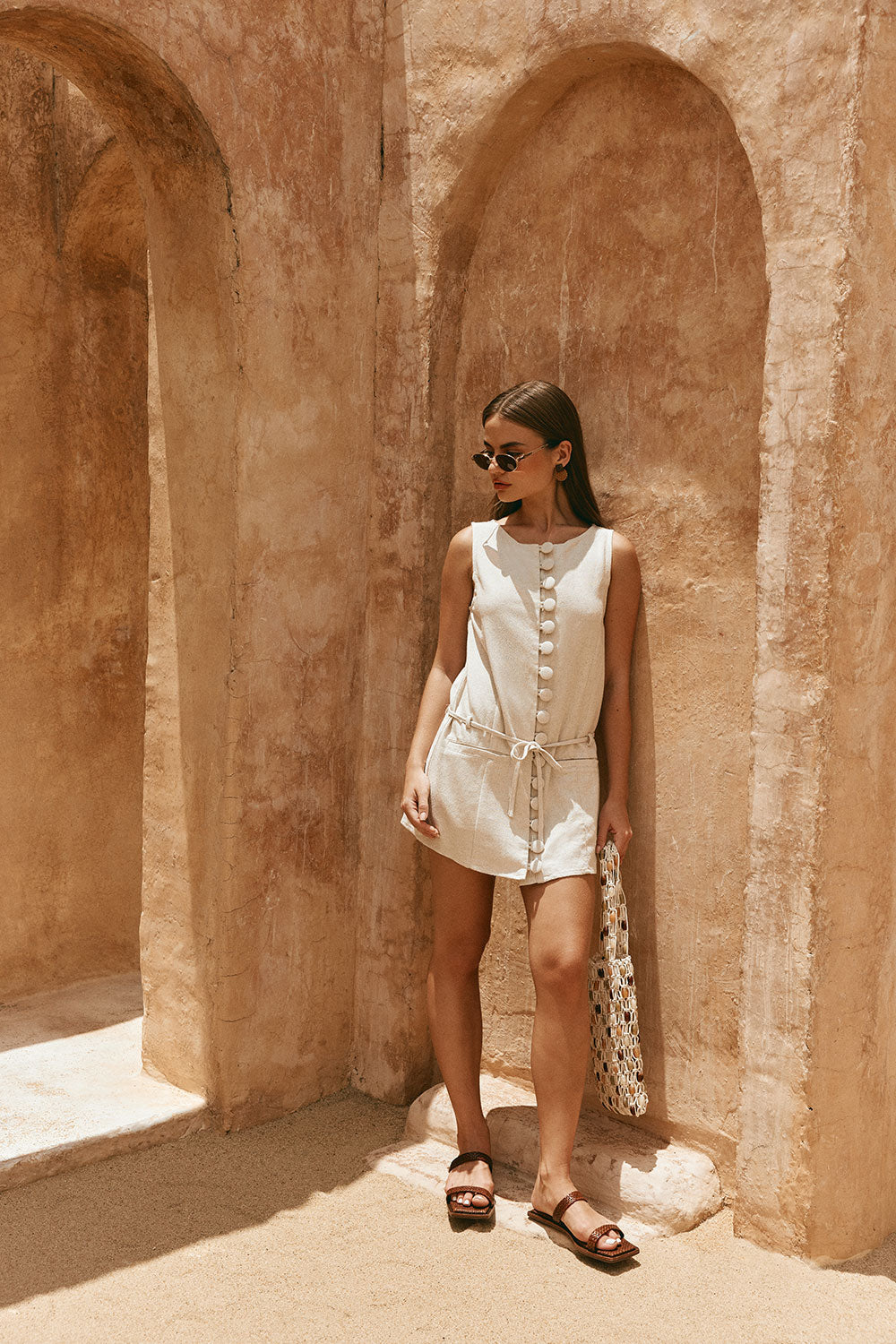 Beige Button Up Mini Alianna Dress